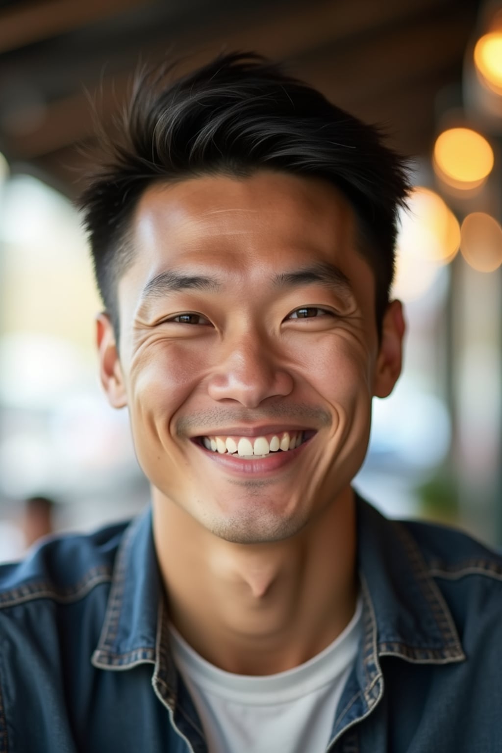 headshot of man, smiling warmly, natural light, blurred background (cafe or park), casual clothing, approachable expression