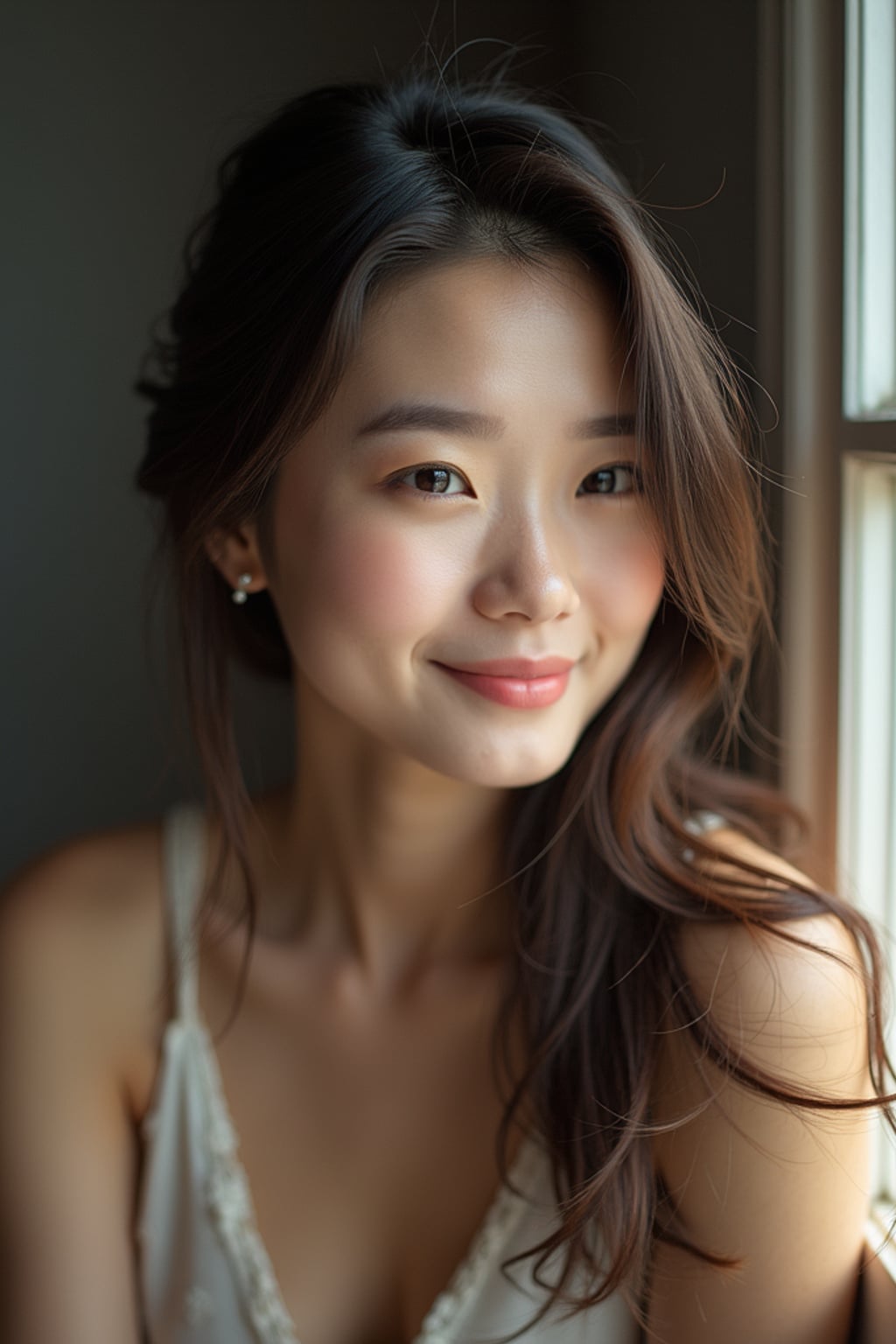 candid-style headshot of woman, looking slightly off-camera, soft smile, cozy indoor setting (e.g., near a window), relaxed posture
