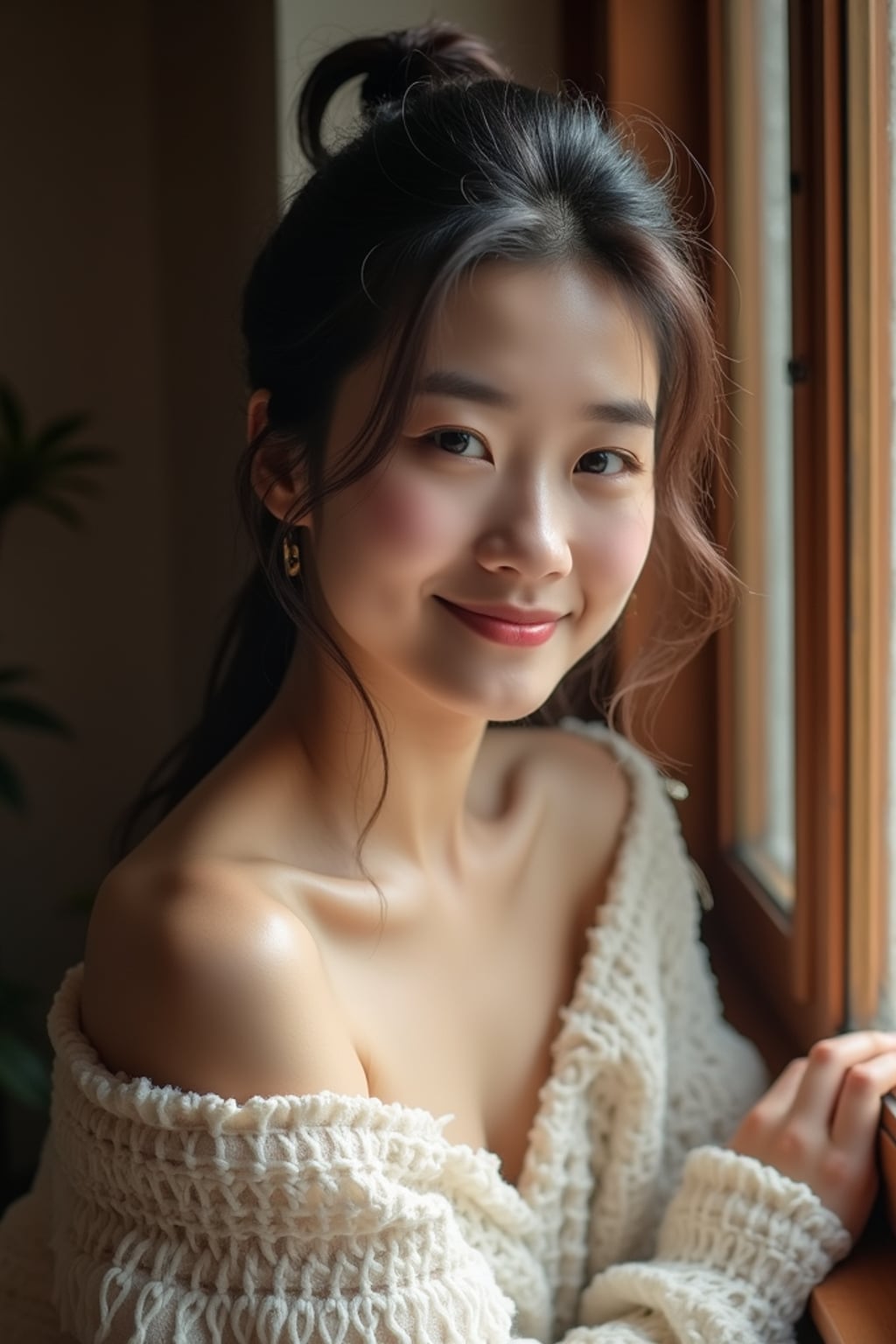 candid-style headshot of woman, looking slightly off-camera, soft smile, cozy indoor setting (e.g., near a window), relaxed posture