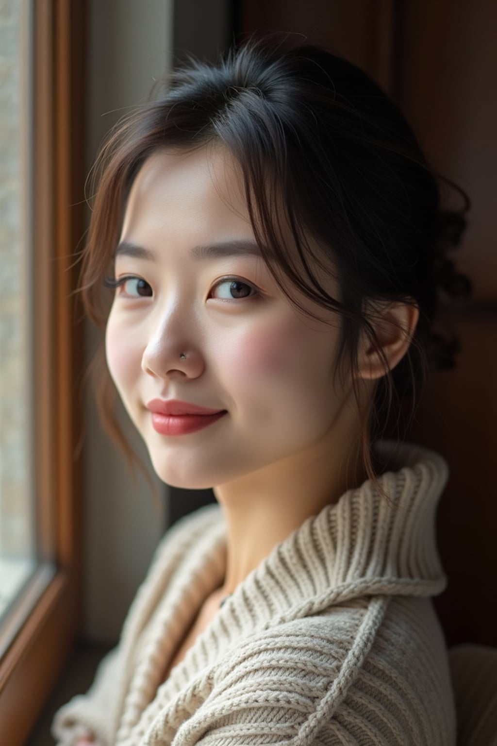 candid-style headshot of woman, looking slightly off-camera, soft smile, cozy indoor setting (e.g., near a window), relaxed posture