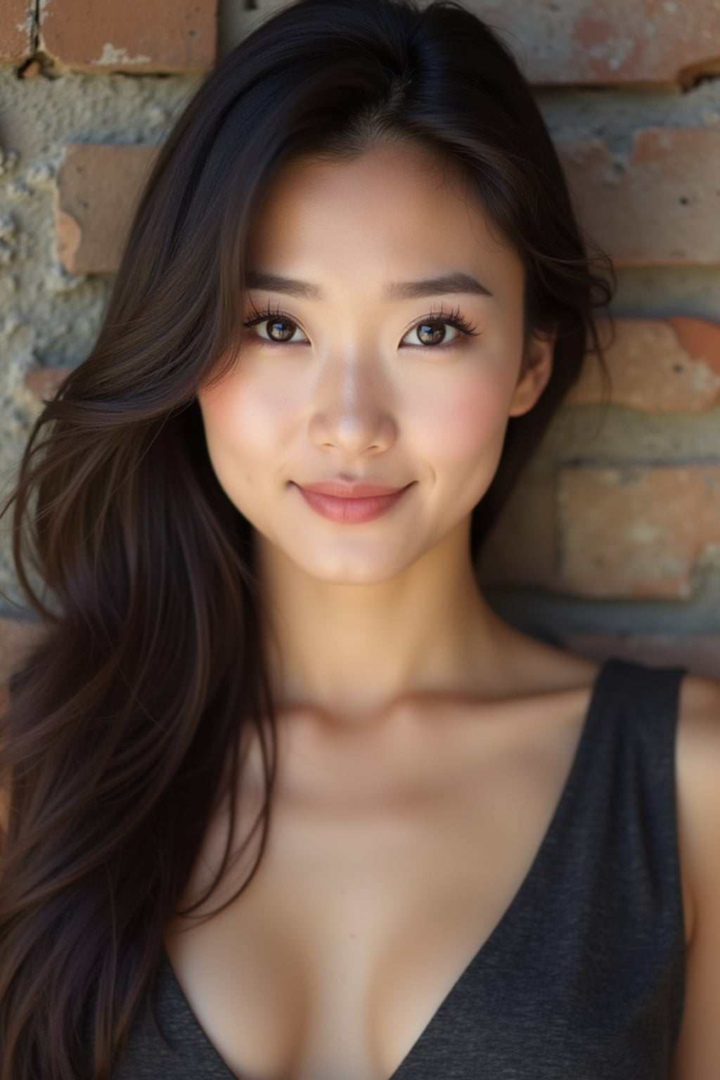 headshot of woman, confident gaze, slightly smiling, against a simple textured wall (brick or wood), well-fitted stylish top, natural look