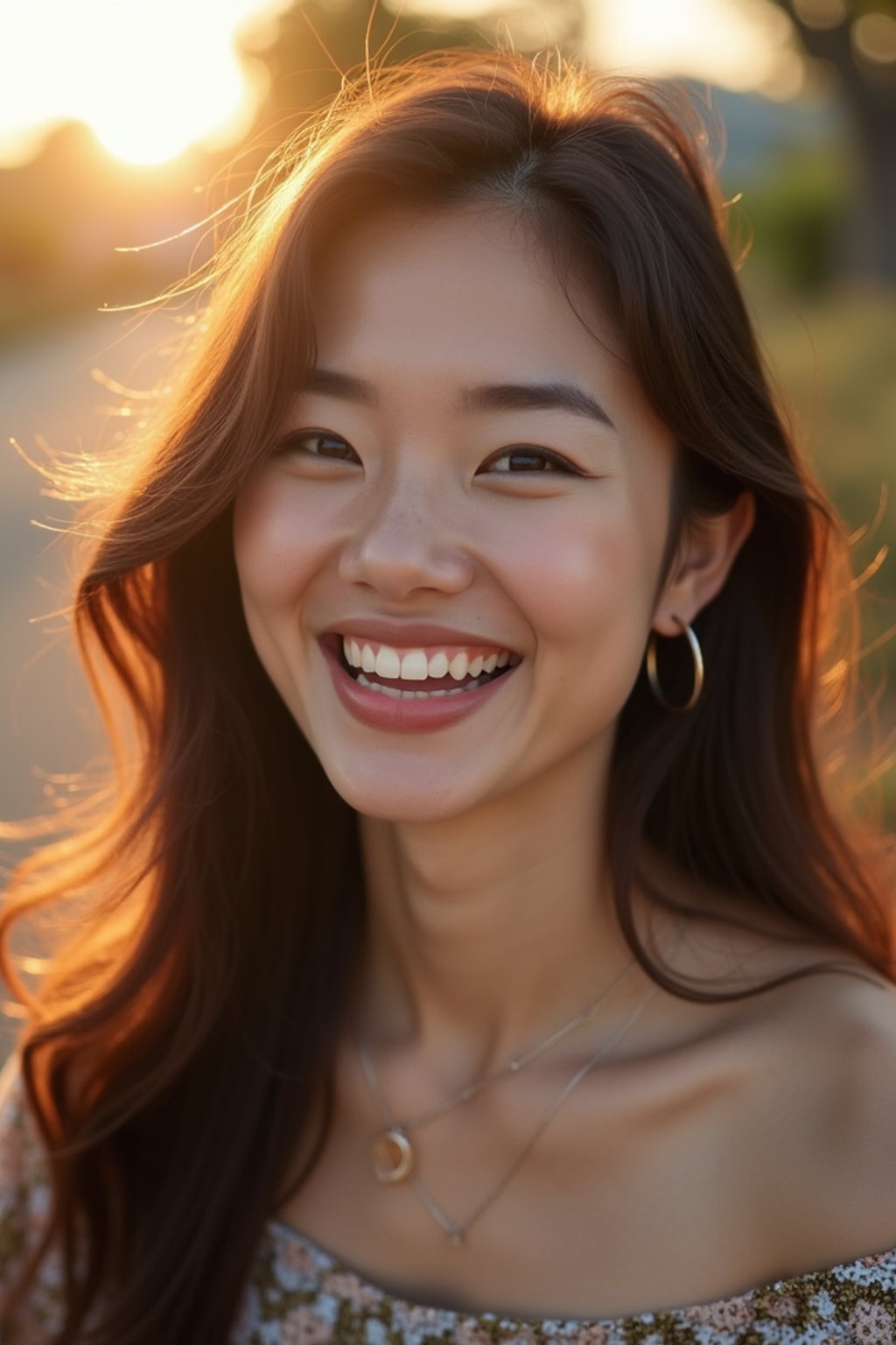 close-up portrait of woman, genuine laugh, outdoor setting (golden hour), soft focus, wearing favorite casual outfit, friendly vibe