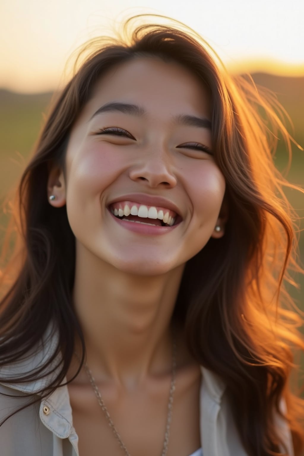 close-up portrait of woman, genuine laugh, outdoor setting (golden hour), soft focus, wearing favorite casual outfit, friendly vibe