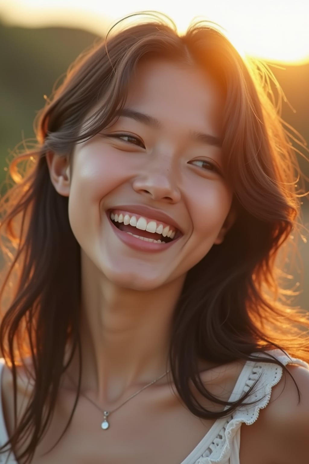 close-up portrait of woman, genuine laugh, outdoor setting (golden hour), soft focus, wearing favorite casual outfit, friendly vibe