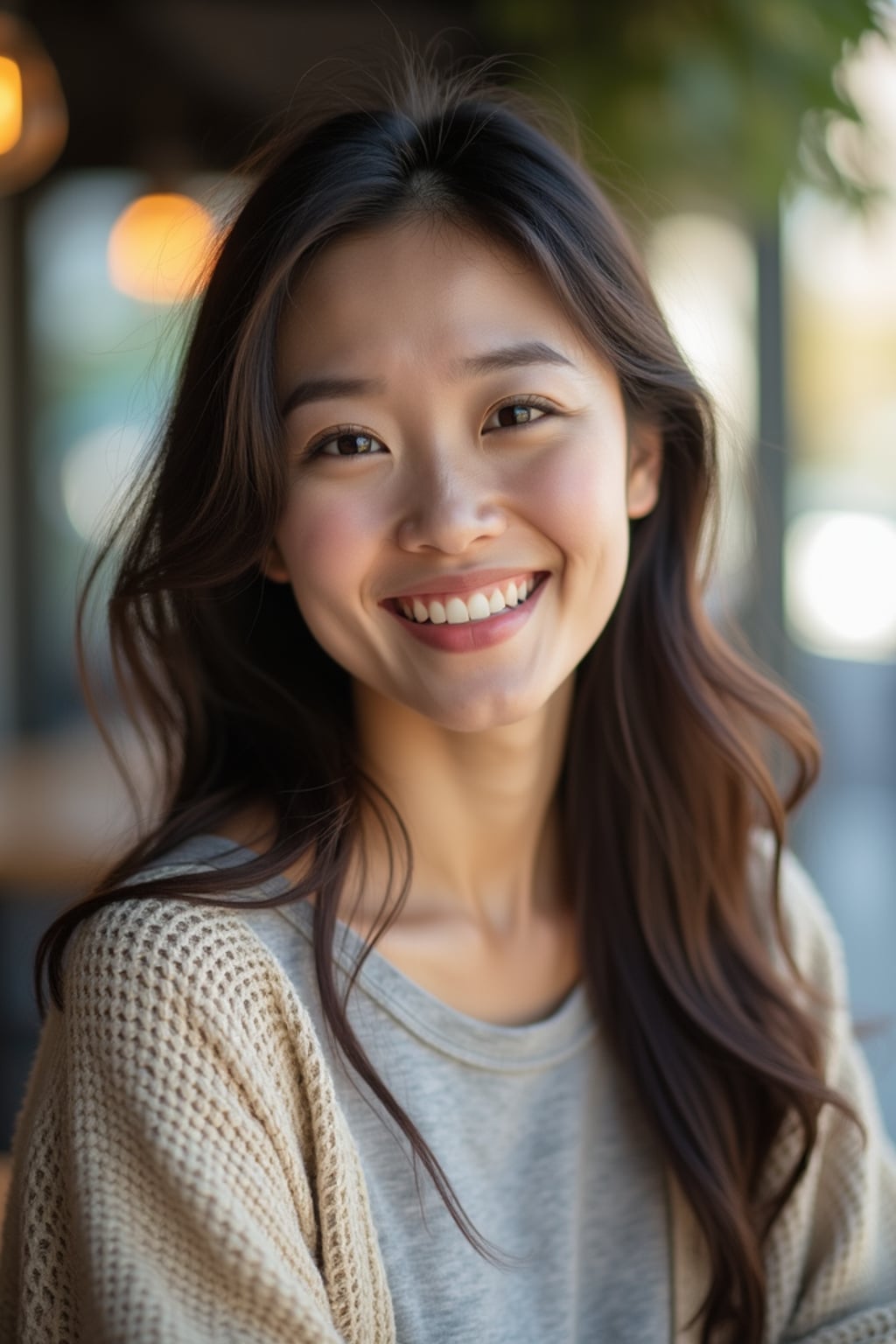 headshot of woman, smiling warmly, natural light, blurred background (cafe or park), casual clothing, approachable expression