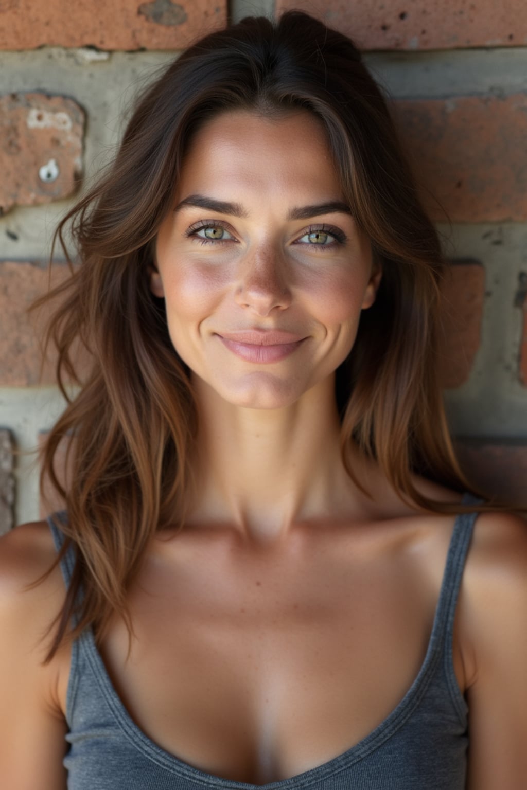 headshot of woman, confident gaze, slightly smiling, against a simple textured wall (brick or wood), well-fitted stylish top, natural look