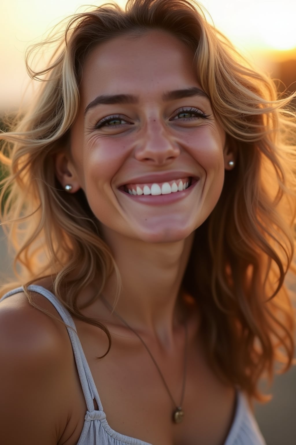 close-up portrait of woman, genuine laugh, outdoor setting (golden hour), soft focus, wearing favorite casual outfit, friendly vibe