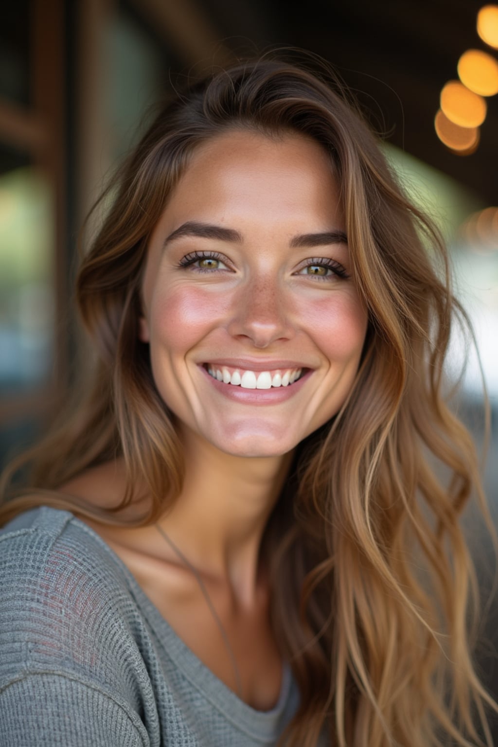 headshot of woman, smiling warmly, natural light, blurred background (cafe or park), casual clothing, approachable expression