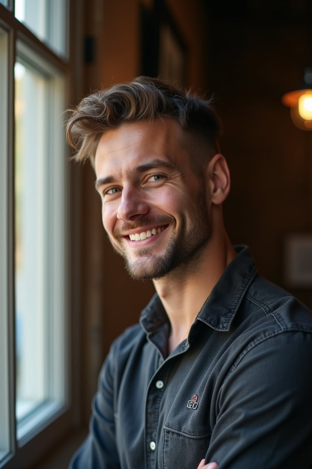 candid-style headshot of man, looking slightly off-camera, soft smile, cozy indoor setting (e.g., near a window), relaxed posture