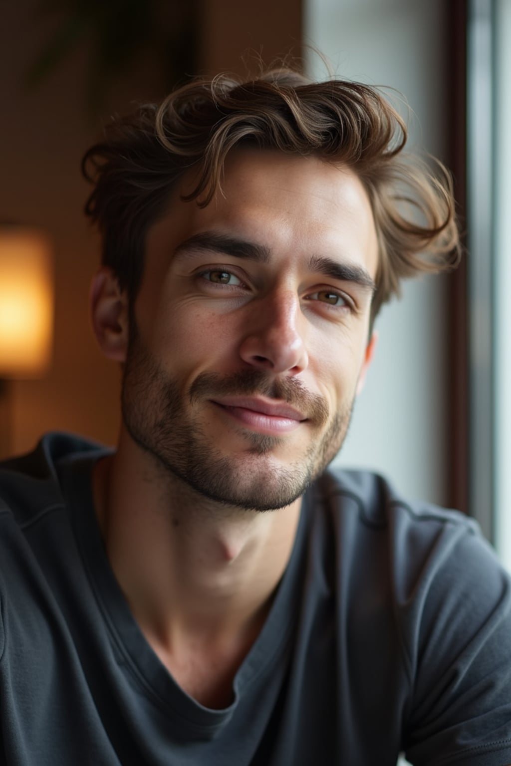 candid-style headshot of man, looking slightly off-camera, soft smile, cozy indoor setting (e.g., near a window), relaxed posture