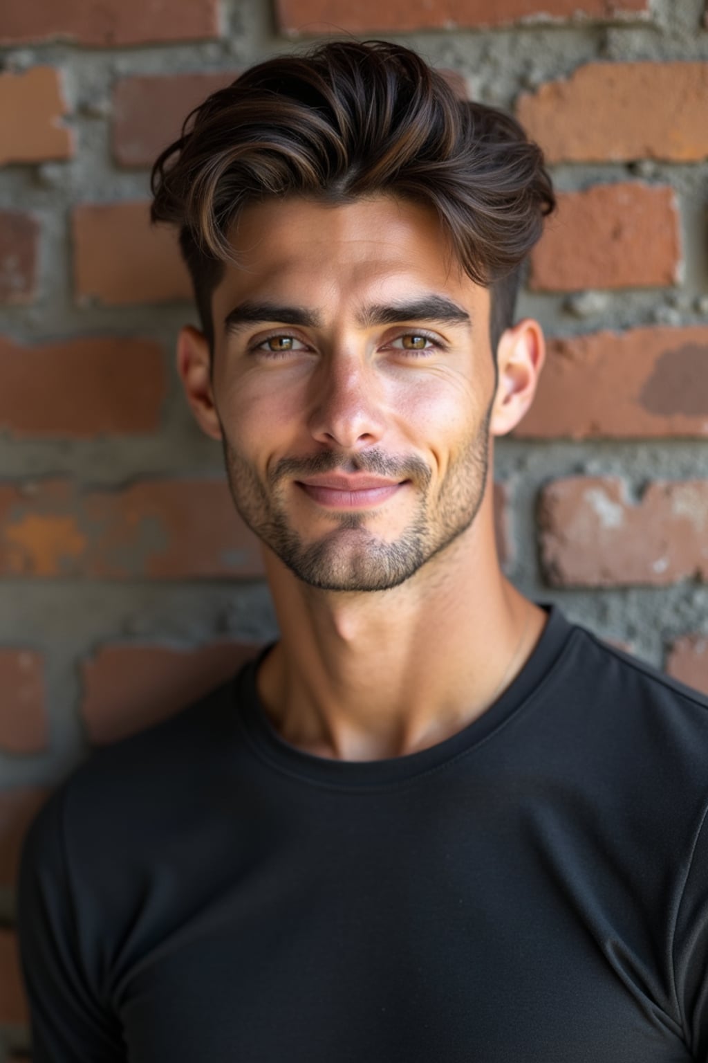 headshot of man, confident gaze, slightly smiling, against a simple textured wall (brick or wood), well-fitted stylish top, natural look