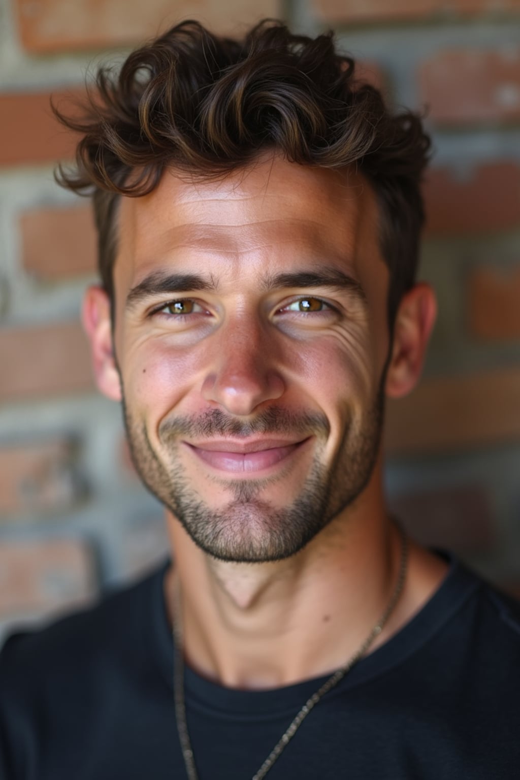 headshot of man, confident gaze, slightly smiling, against a simple textured wall (brick or wood), well-fitted stylish top, natural look