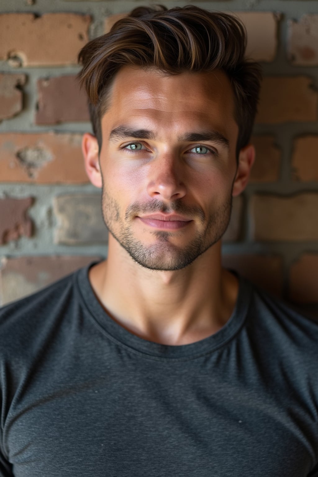 headshot of man, confident gaze, slightly smiling, against a simple textured wall (brick or wood), well-fitted stylish top, natural look