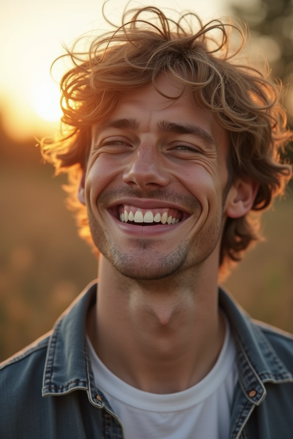 close-up portrait of man, genuine laugh, outdoor setting (golden hour), soft focus, wearing favorite casual outfit, friendly vibe