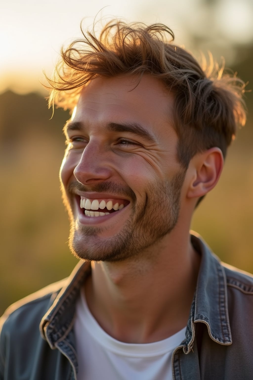 close-up portrait of man, genuine laugh, outdoor setting (golden hour), soft focus, wearing favorite casual outfit, friendly vibe