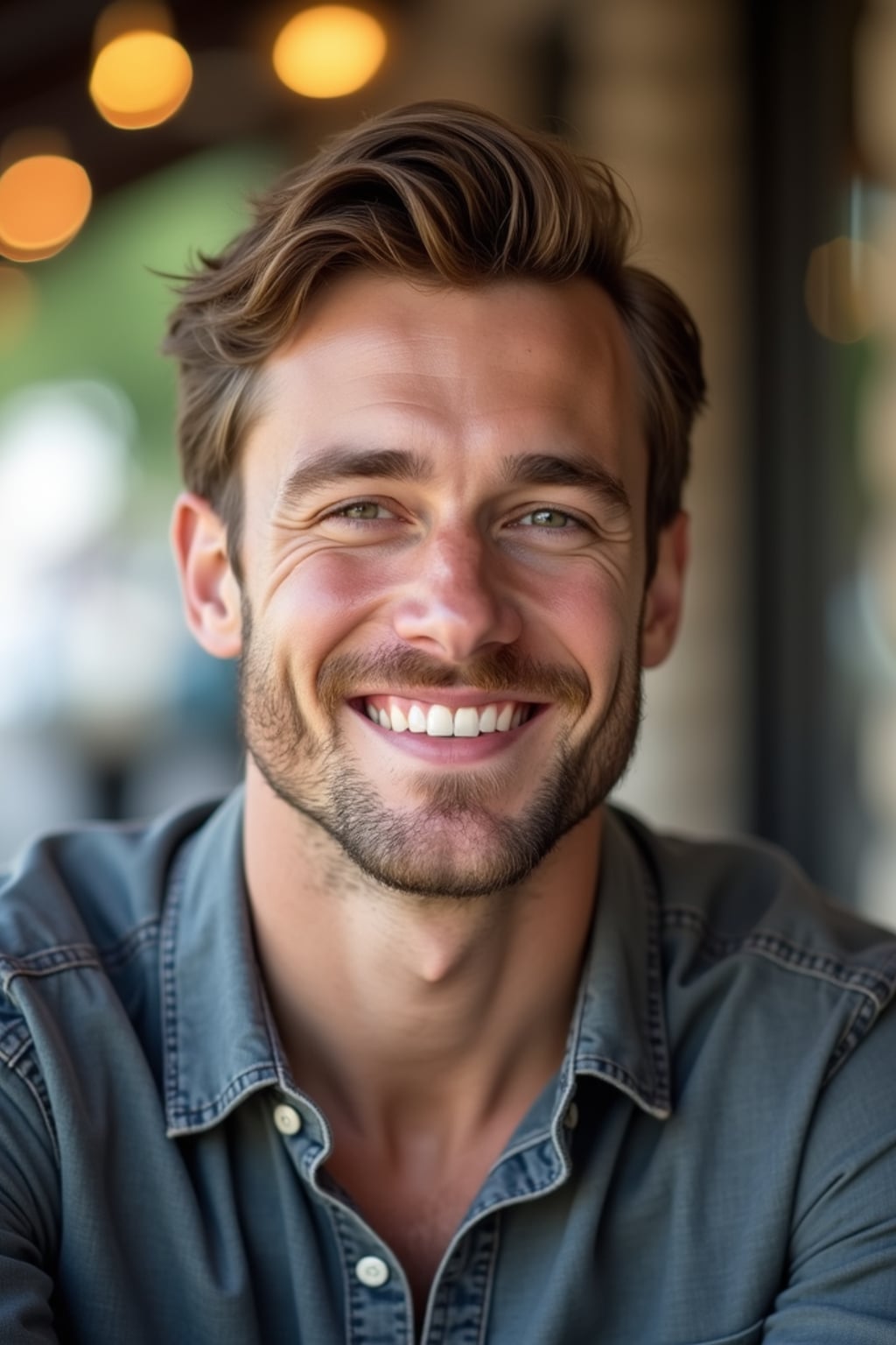 headshot of man, smiling warmly, natural light, blurred background (cafe or park), casual clothing, approachable expression