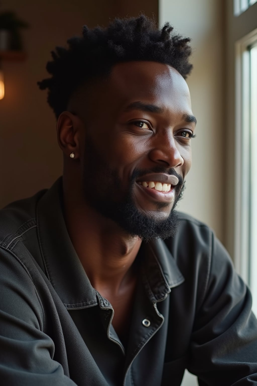 candid-style headshot of man, looking slightly off-camera, soft smile, cozy indoor setting (e.g., near a window), relaxed posture