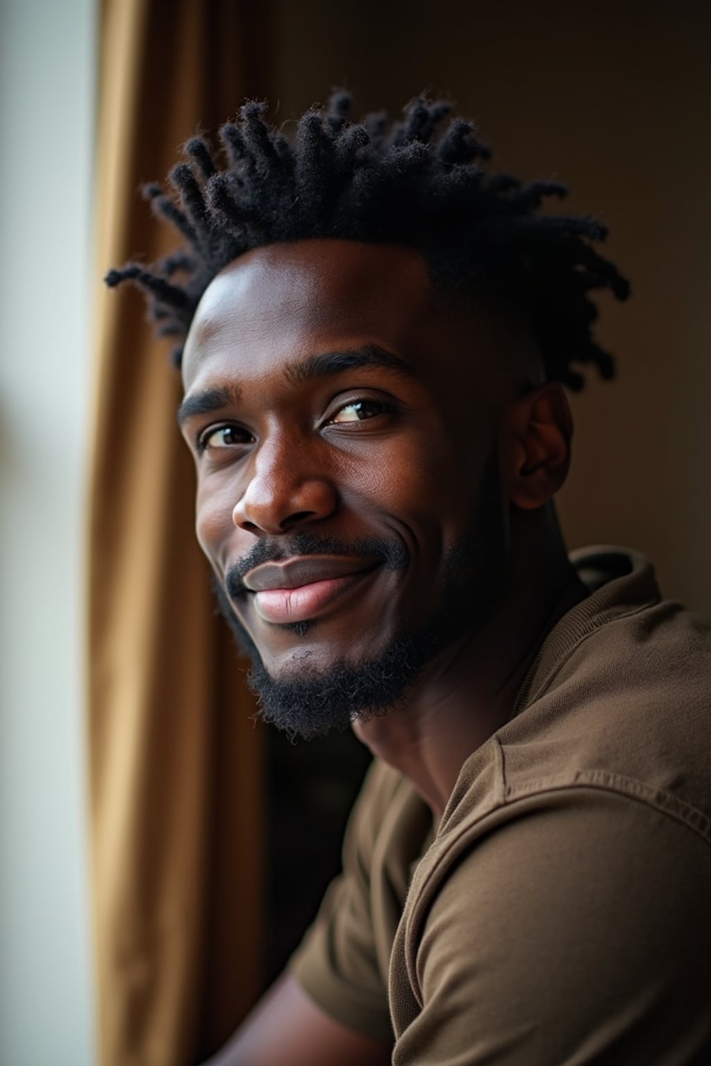 candid-style headshot of man, looking slightly off-camera, soft smile, cozy indoor setting (e.g., near a window), relaxed posture