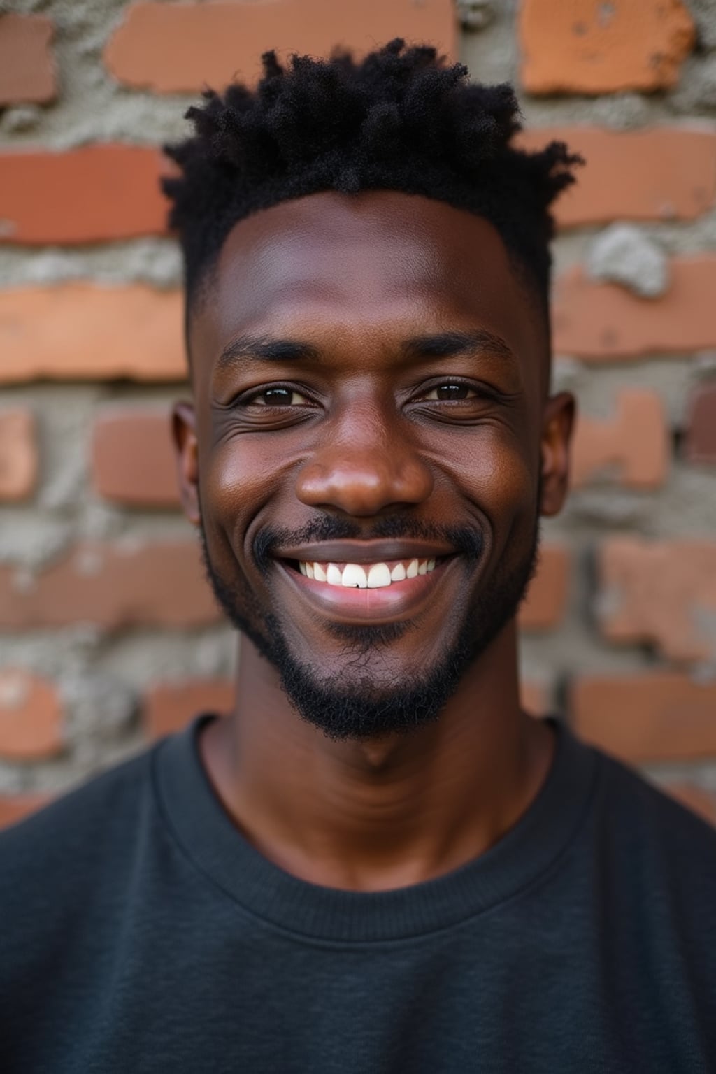 headshot of man, confident gaze, slightly smiling, against a simple textured wall (brick or wood), well-fitted stylish top, natural look