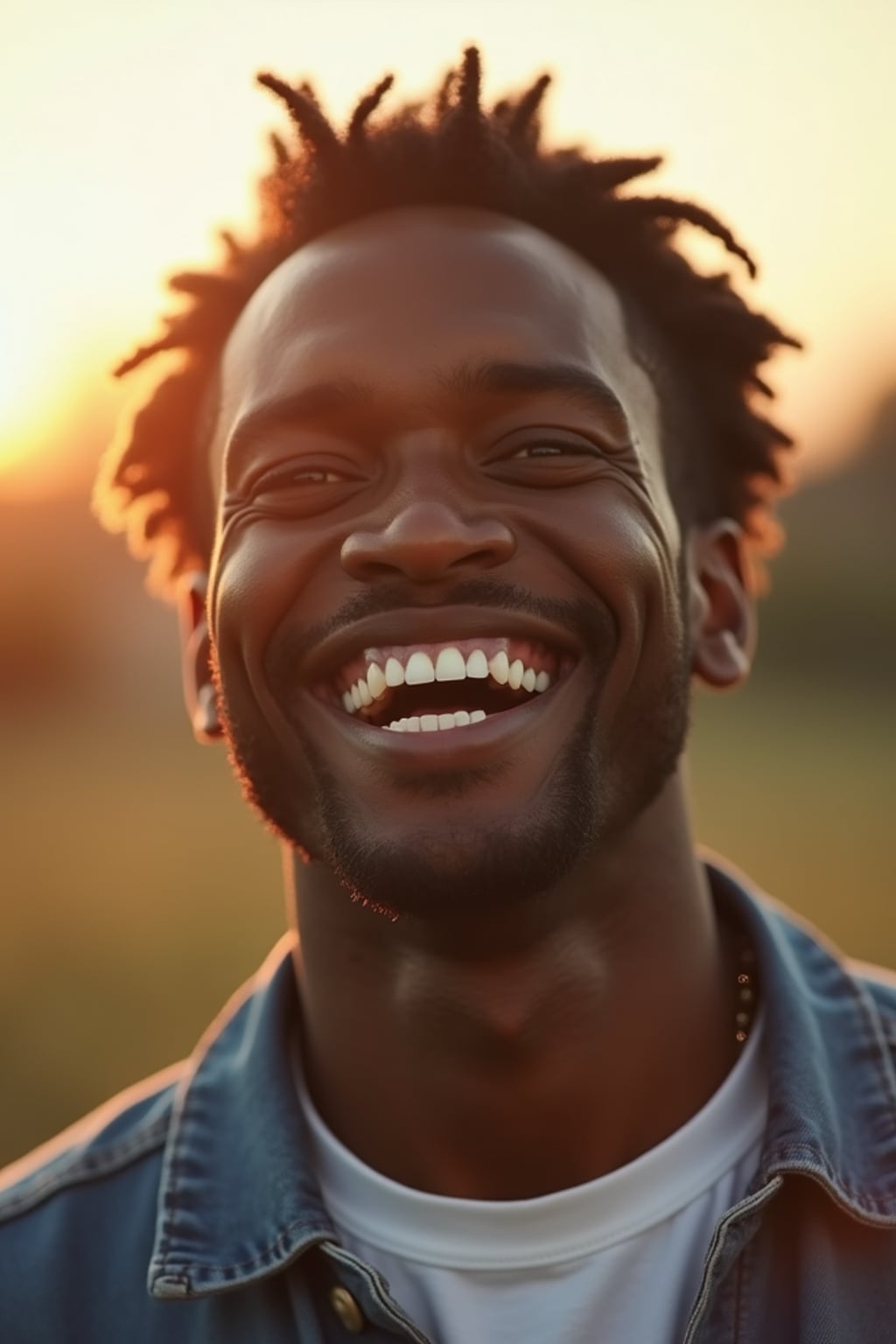 close-up portrait of man, genuine laugh, outdoor setting (golden hour), soft focus, wearing favorite casual outfit, friendly vibe