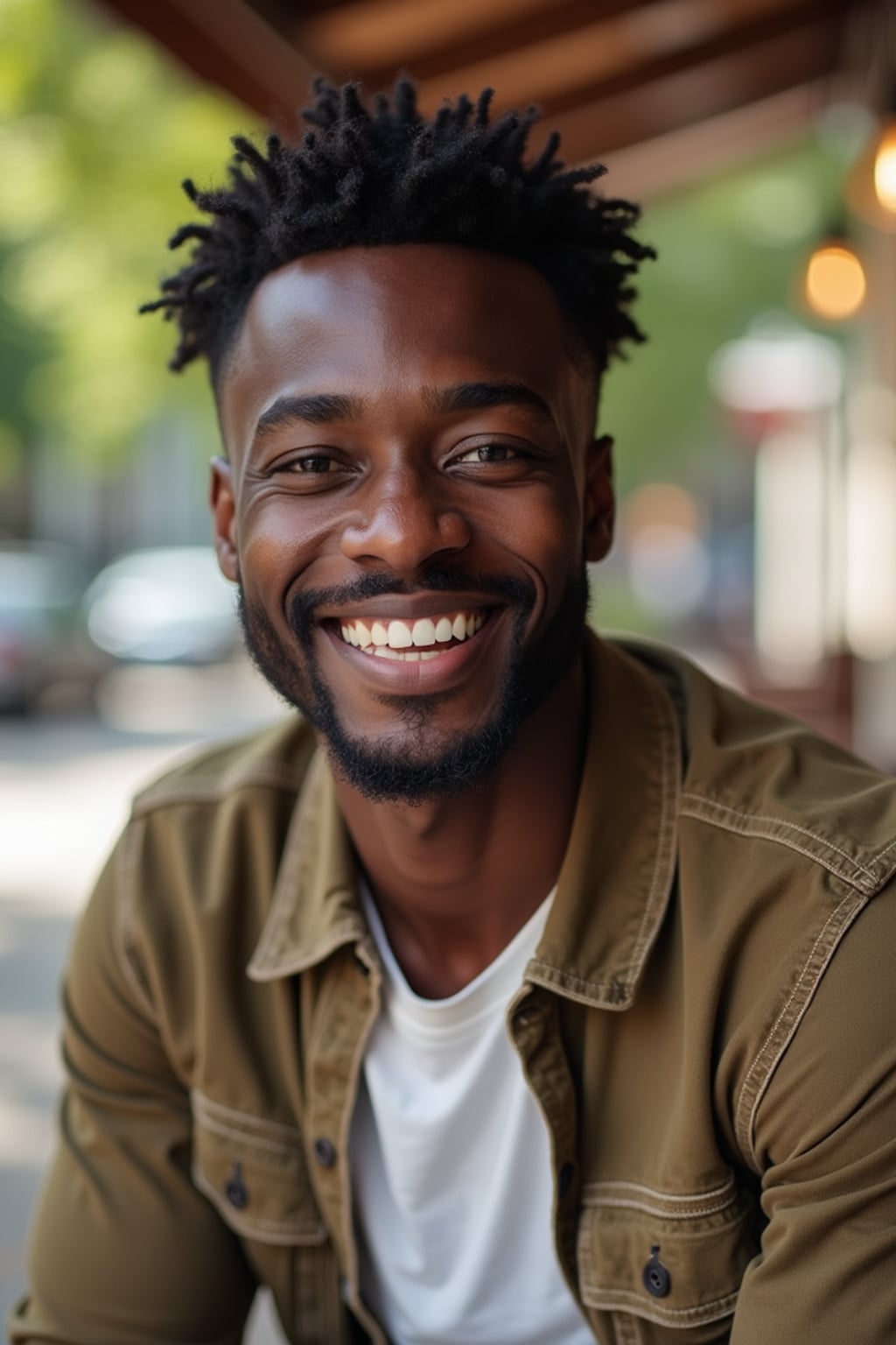 headshot of man, smiling warmly, natural light, blurred background (cafe or park), casual clothing, approachable expression