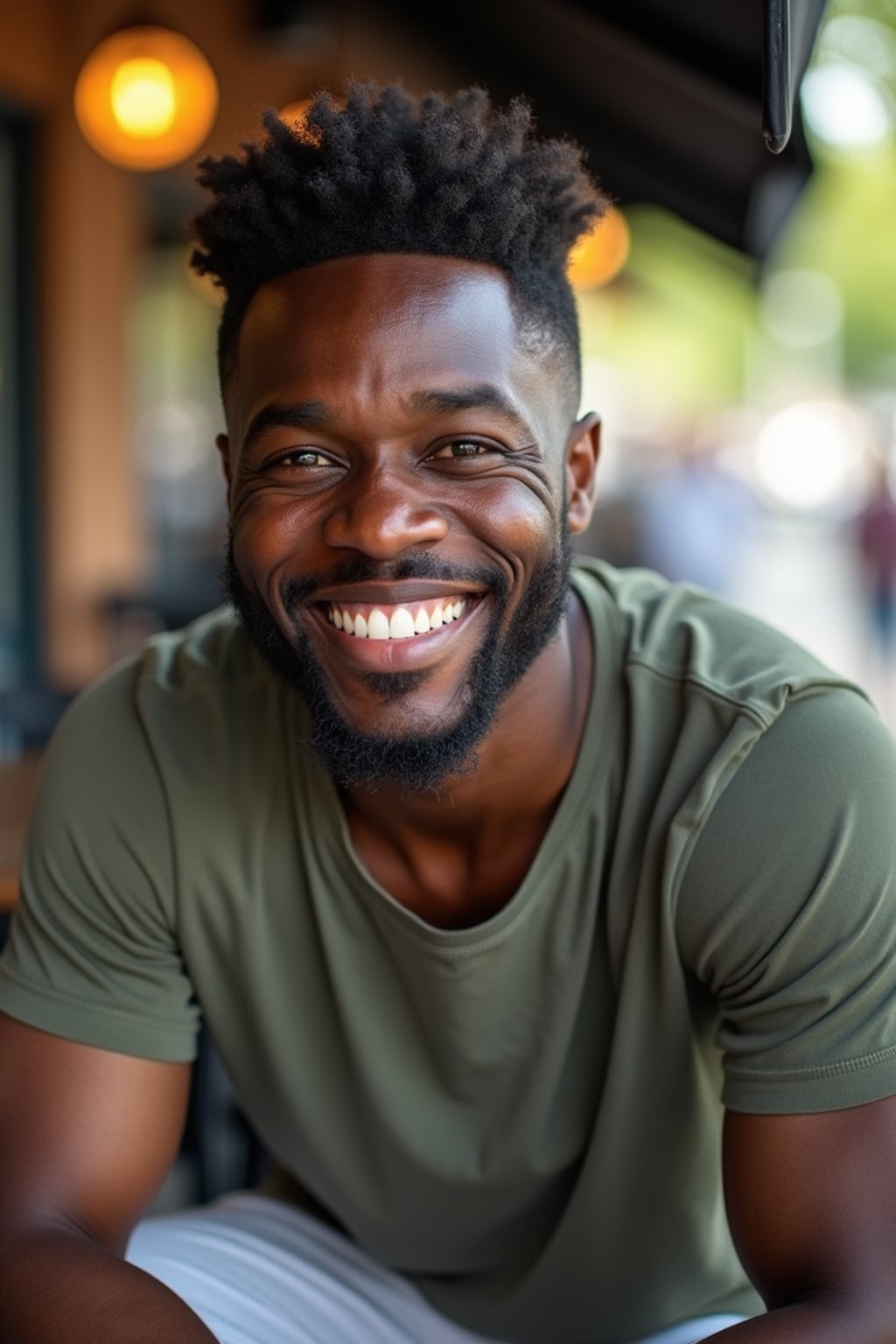 headshot of man, smiling warmly, natural light, blurred background (cafe or park), casual clothing, approachable expression