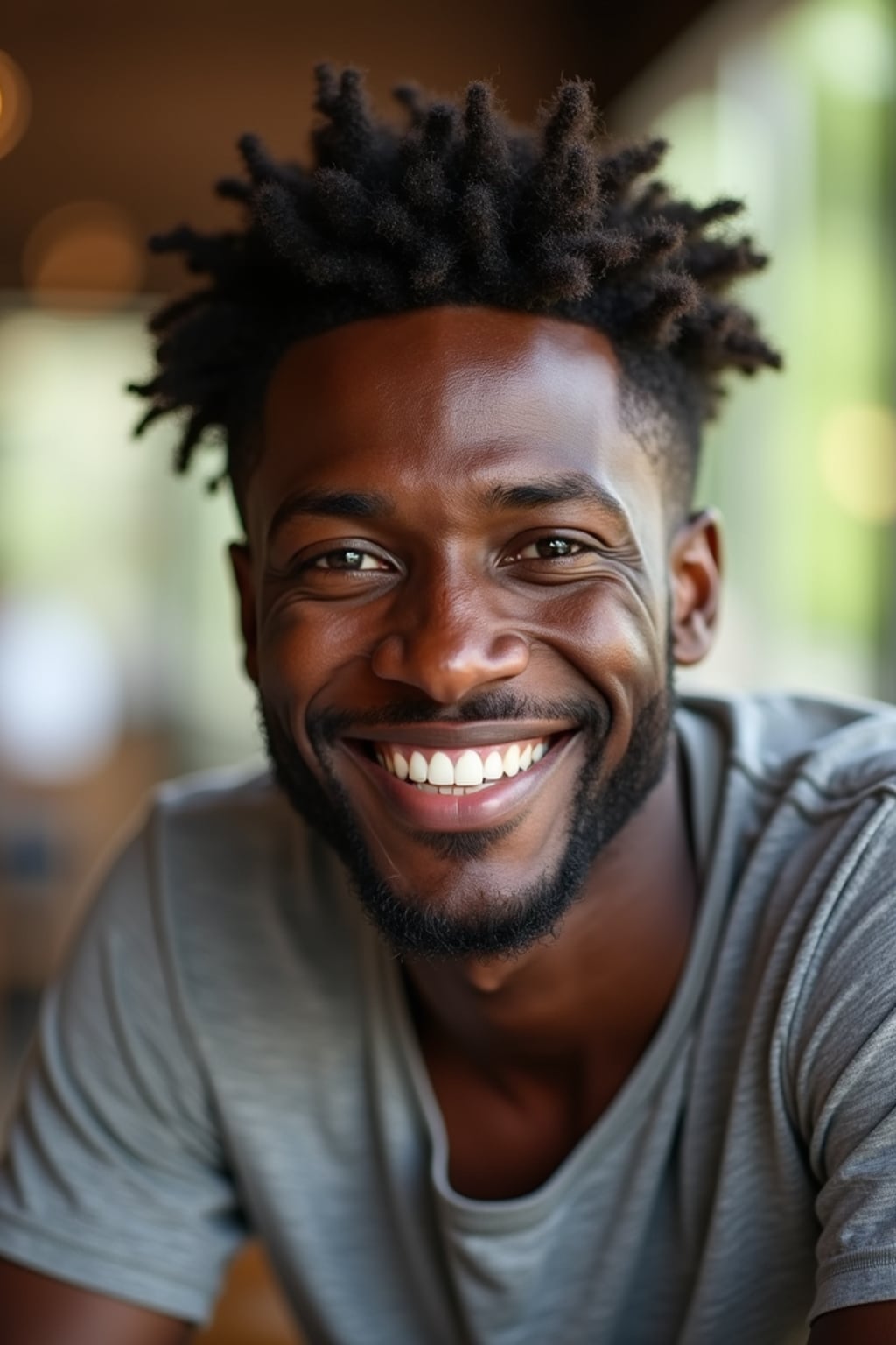headshot of man, smiling warmly, natural light, blurred background (cafe or park), casual clothing, approachable expression