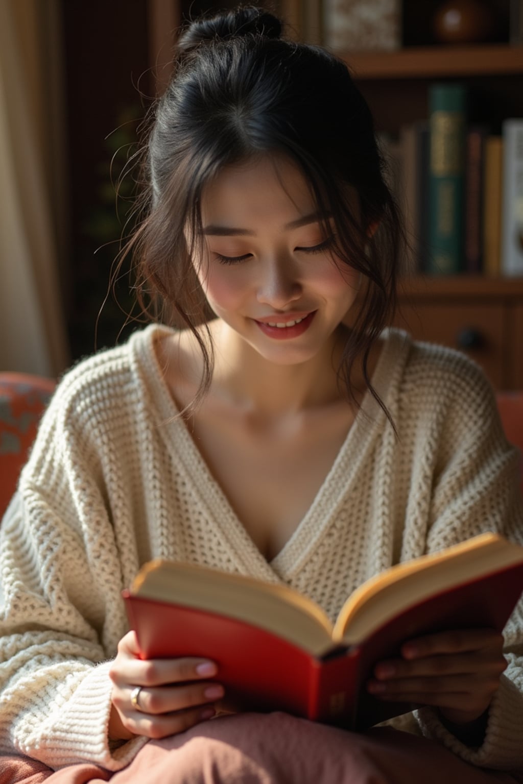 feminine woman reading a book in a cozy home environment