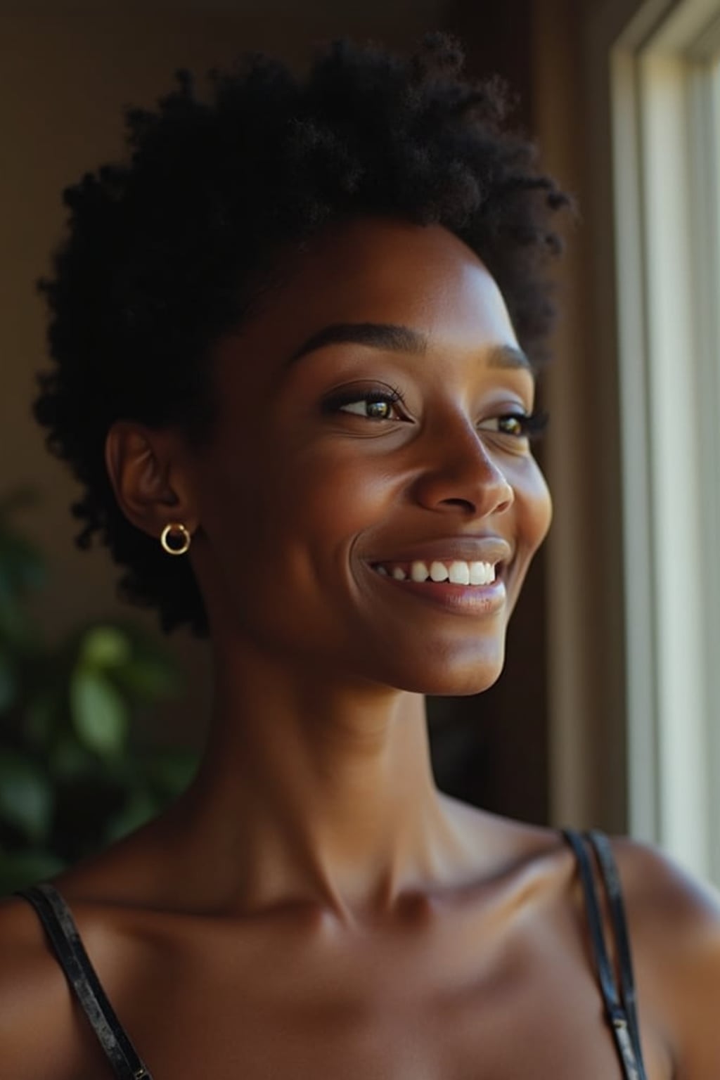 candid-style headshot of woman, looking slightly off-camera, soft smile, cozy indoor setting (e.g., near a window), relaxed posture