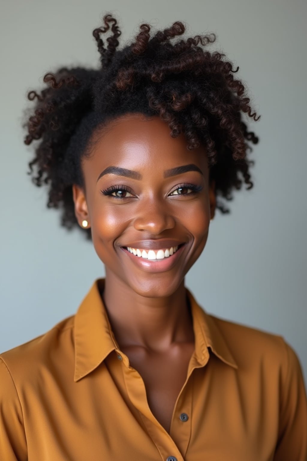 A professional teacher headshot of a friendly woman, taken in a well-lit studio with a plain backdrop. The woman is dressed in a smart, professional blouse with natural makeup and a warm smile . The lighting is soft and even, highlighting their facial features with an approachable and kind expression. The focus is sharp, capturing the woman's eyes and genuine smile, creating a perfect headshot for school websites and professional profiles.
