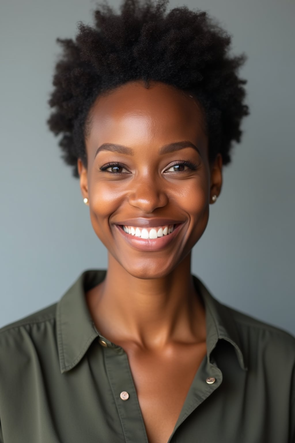 A professional teacher headshot of a friendly woman, taken in a well-lit studio with a plain backdrop. The woman is dressed in a smart, professional blouse with natural makeup and a warm smile . The lighting is soft and even, highlighting their facial features with an approachable and kind expression. The focus is sharp, capturing the woman's eyes and genuine smile, creating a perfect headshot for school websites and professional profiles.