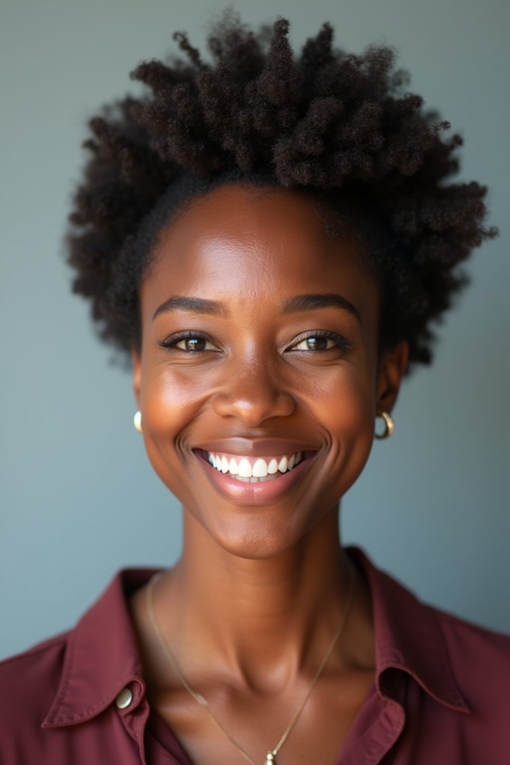 A professional teacher headshot of a friendly woman, taken in a well-lit studio with a plain backdrop. The woman is dressed in a smart, professional blouse with natural makeup and a warm smile . The lighting is soft and even, highlighting their facial features with an approachable and kind expression. The focus is sharp, capturing the woman's eyes and genuine smile, creating a perfect headshot for school websites and professional profiles.