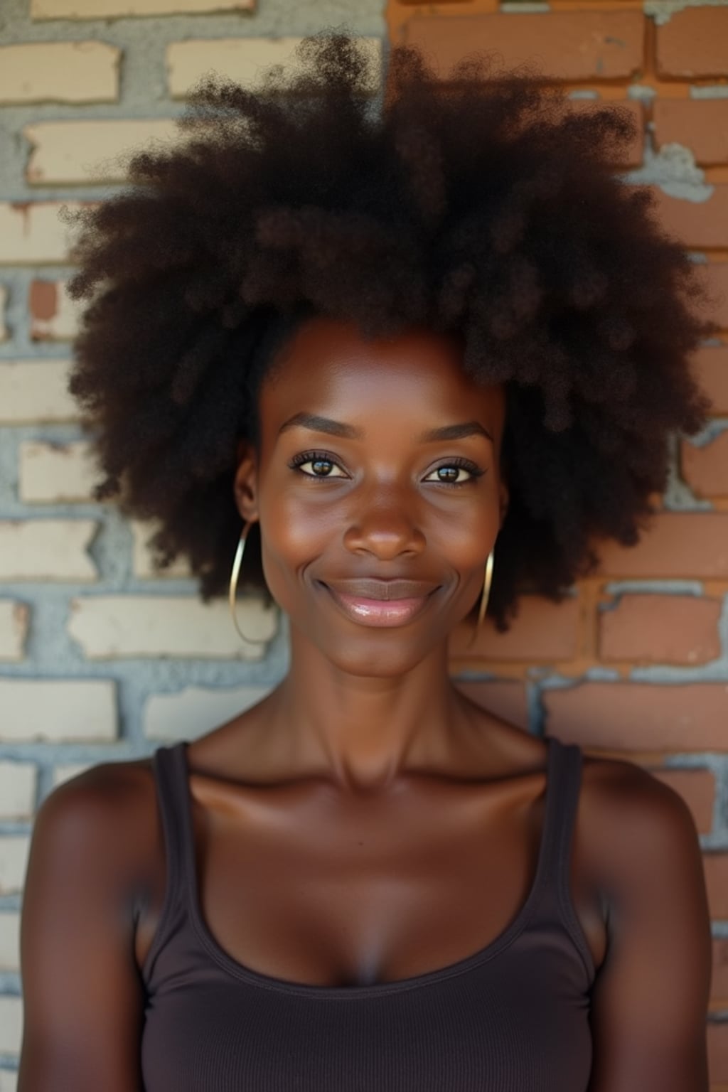 headshot of woman, confident gaze, slightly smiling, against a simple textured wall (brick or wood), well-fitted stylish top, natural look