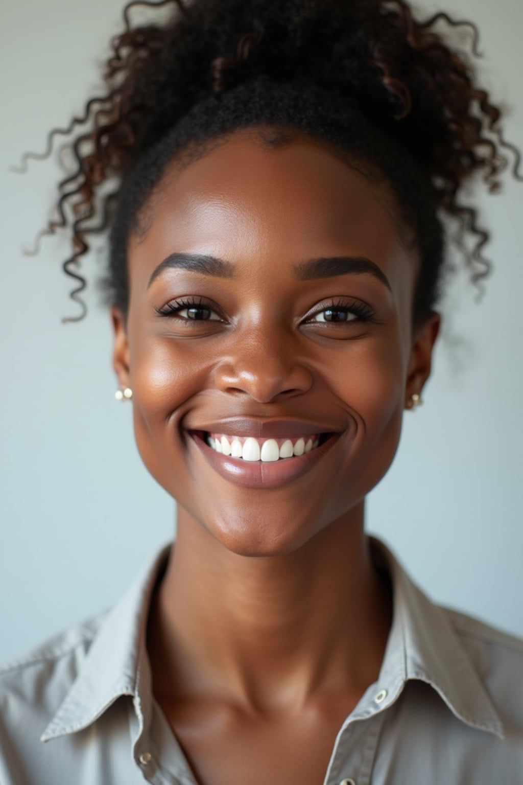 A professional teacher headshot of a friendly woman, taken in a well-lit studio with a plain backdrop. The woman is dressed in a smart, professional blouse with natural makeup and a warm smile . The lighting is soft and even, highlighting their facial features with an approachable and kind expression. The focus is sharp, capturing the woman's eyes and genuine smile, creating a perfect headshot for school websites and professional profiles.