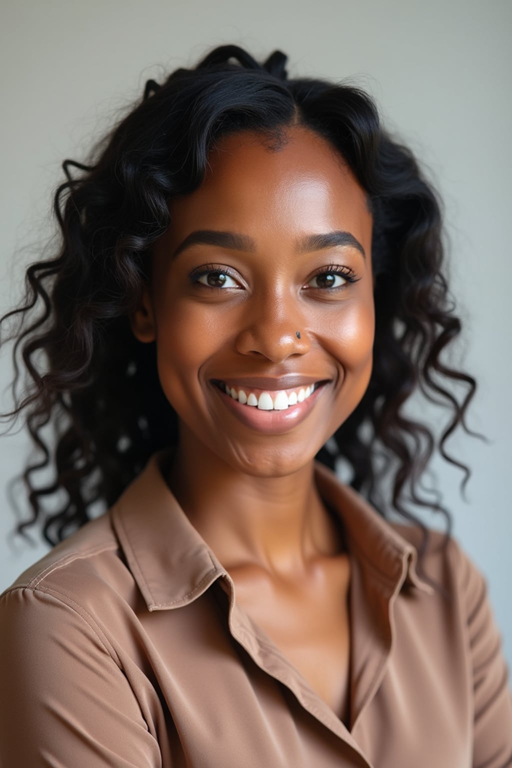 A professional teacher headshot of a friendly woman, taken in a well-lit studio with a plain backdrop. The woman is dressed in a smart, professional blouse with natural makeup and a warm smile . The lighting is soft and even, highlighting their facial features with an approachable and kind expression. The focus is sharp, capturing the woman's eyes and genuine smile, creating a perfect headshot for school websites and professional profiles.