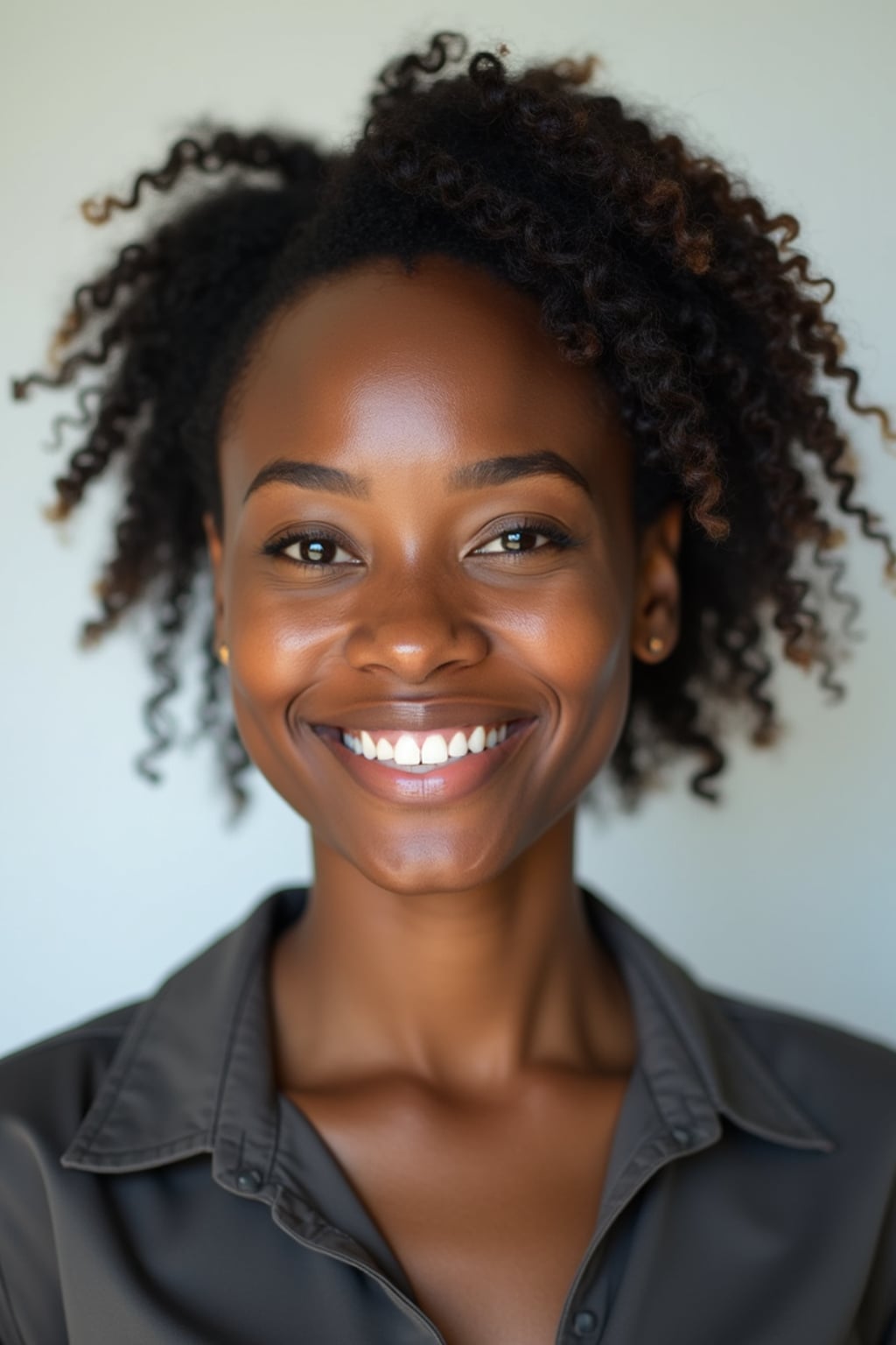 A professional teacher headshot of a friendly woman, taken in a well-lit studio with a plain backdrop. The woman is dressed in a smart, professional blouse with natural makeup and a warm smile . The lighting is soft and even, highlighting their facial features with an approachable and kind expression. The focus is sharp, capturing the woman's eyes and genuine smile, creating a perfect headshot for school websites and professional profiles.