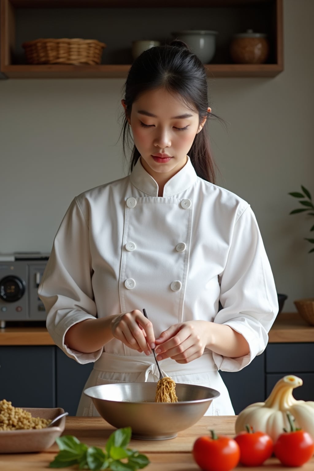 feminine woman cooking or baking in a modern kitchen