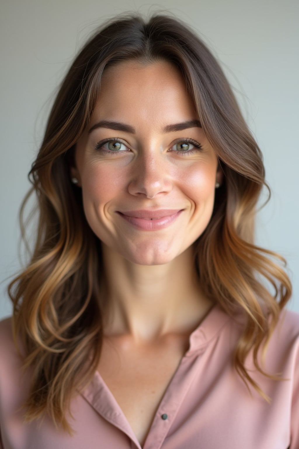 A professional teacher headshot of a friendly woman, taken in a well-lit studio with a plain backdrop. The woman is dressed in a smart, professional blouse with natural makeup and a warm smile . The lighting is soft and even, highlighting their facial features with an approachable and kind expression. The focus is sharp, capturing the woman's eyes and genuine smile, creating a perfect headshot for school websites and professional profiles.
