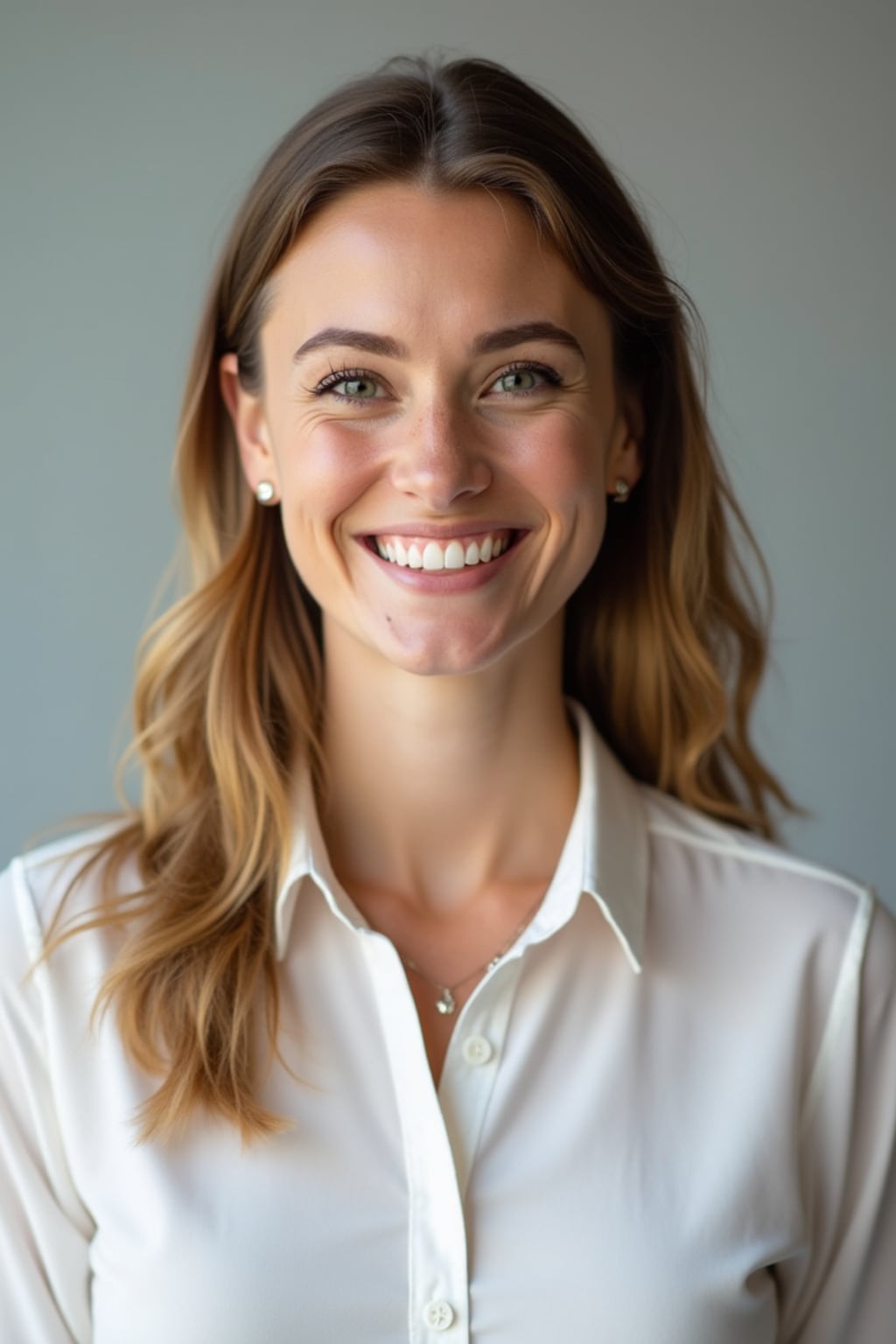 A professional teacher headshot of a friendly woman, taken in a well-lit studio with a plain backdrop. The woman is dressed in a smart, professional blouse with natural makeup and a warm smile . The lighting is soft and even, highlighting their facial features with an approachable and kind expression. The focus is sharp, capturing the woman's eyes and genuine smile, creating a perfect headshot for school websites and professional profiles.
