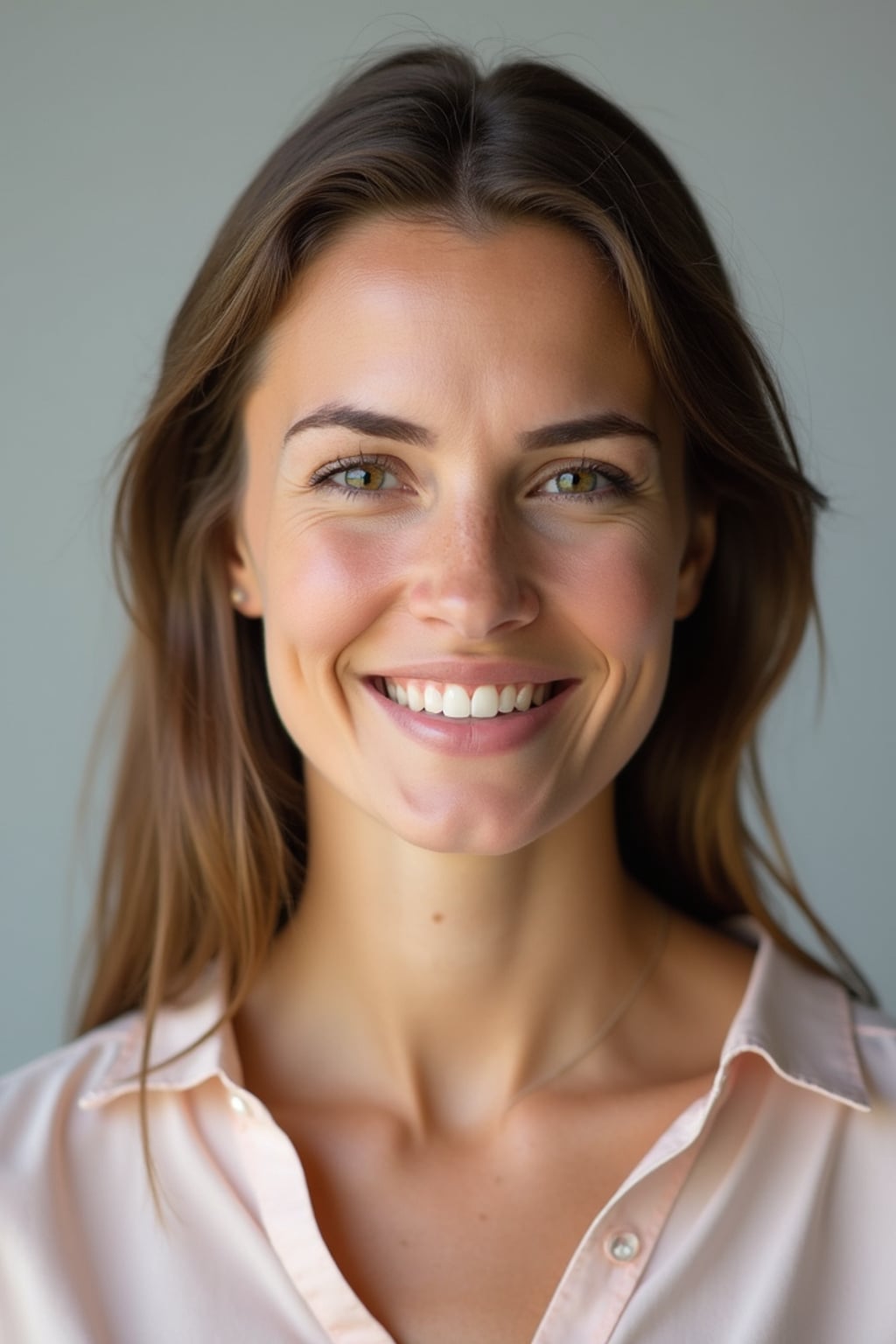 A professional teacher headshot of a friendly woman, taken in a well-lit studio with a plain backdrop. The woman is dressed in a smart, professional blouse with natural makeup and a warm smile . The lighting is soft and even, highlighting their facial features with an approachable and kind expression. The focus is sharp, capturing the woman's eyes and genuine smile, creating a perfect headshot for school websites and professional profiles.