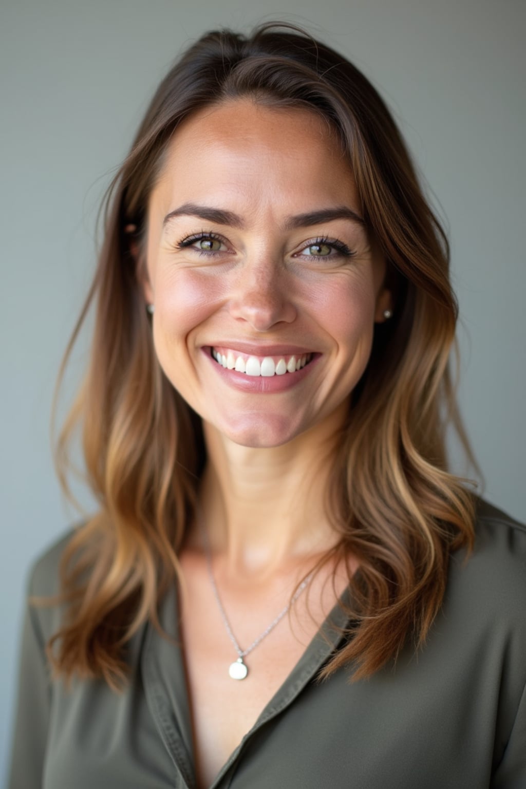 A professional teacher headshot of a friendly woman, taken in a well-lit studio with a plain backdrop. The woman is dressed in a smart, professional blouse with natural makeup and a warm smile . The lighting is soft and even, highlighting their facial features with an approachable and kind expression. The focus is sharp, capturing the woman's eyes and genuine smile, creating a perfect headshot for school websites and professional profiles.