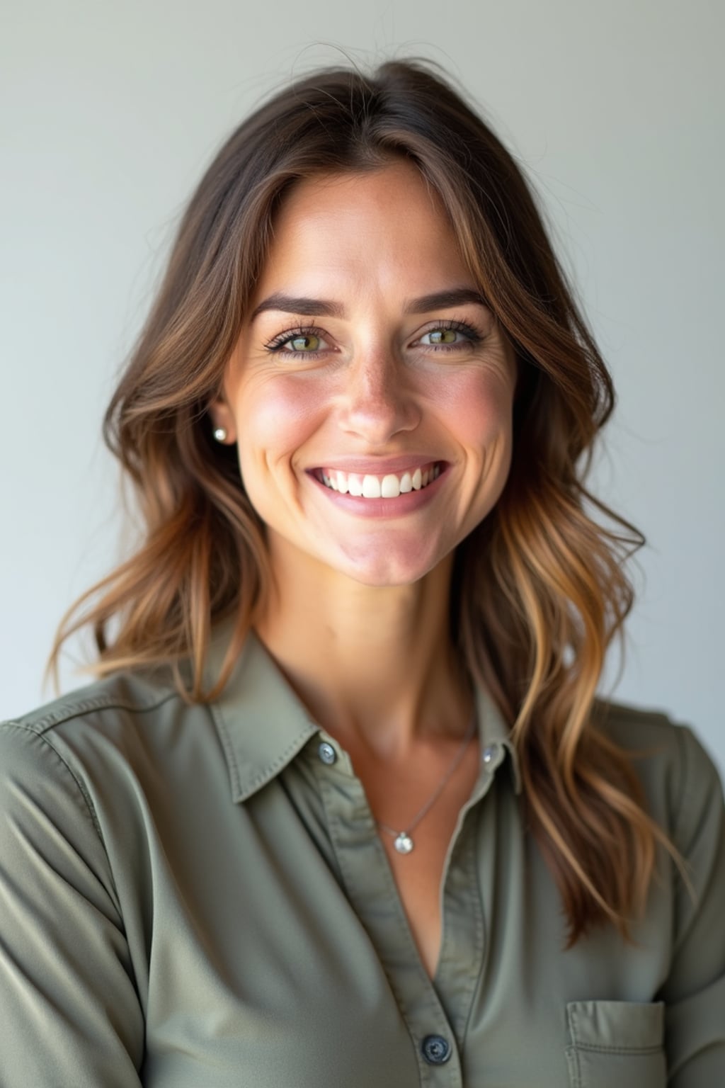 A professional teacher headshot of a friendly woman, taken in a well-lit studio with a plain backdrop. The woman is dressed in a smart, professional blouse with natural makeup and a warm smile . The lighting is soft and even, highlighting their facial features with an approachable and kind expression. The focus is sharp, capturing the woman's eyes and genuine smile, creating a perfect headshot for school websites and professional profiles.