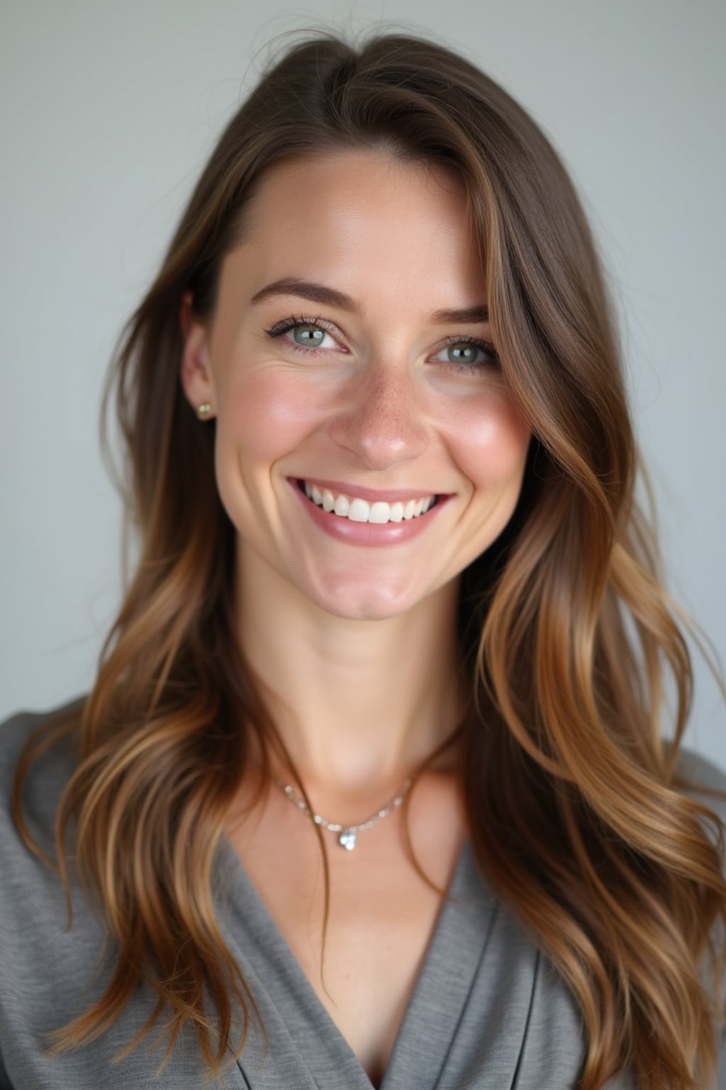 A professional teacher headshot of a friendly woman, taken in a well-lit studio with a plain backdrop. The woman is dressed in a smart, professional blouse with natural makeup and a warm smile . The lighting is soft and even, highlighting their facial features with an approachable and kind expression. The focus is sharp, capturing the woman's eyes and genuine smile, creating a perfect headshot for school websites and professional profiles.