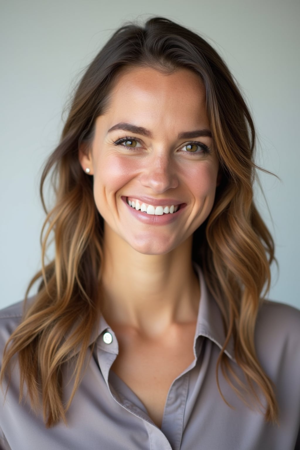 A professional teacher headshot of a friendly woman, taken in a well-lit studio with a plain backdrop. The woman is dressed in a smart, professional blouse with natural makeup and a warm smile . The lighting is soft and even, highlighting their facial features with an approachable and kind expression. The focus is sharp, capturing the woman's eyes and genuine smile, creating a perfect headshot for school websites and professional profiles.