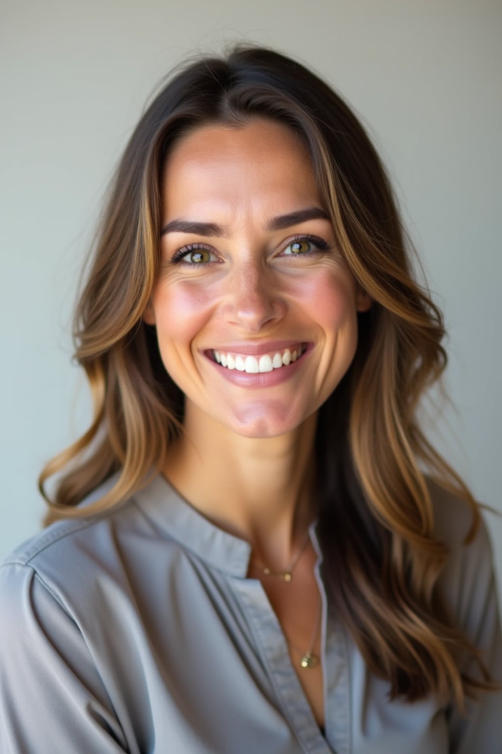 A professional teacher headshot of a friendly woman, taken in a well-lit studio with a plain backdrop. The woman is dressed in a smart, professional blouse with natural makeup and a warm smile . The lighting is soft and even, highlighting their facial features with an approachable and kind expression. The focus is sharp, capturing the woman's eyes and genuine smile, creating a perfect headshot for school websites and professional profiles.