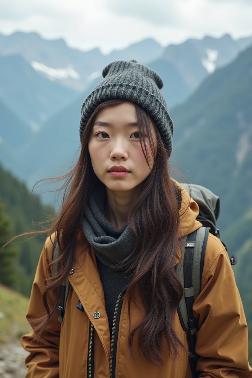 feminine woman in going hiking outdoors in mountains