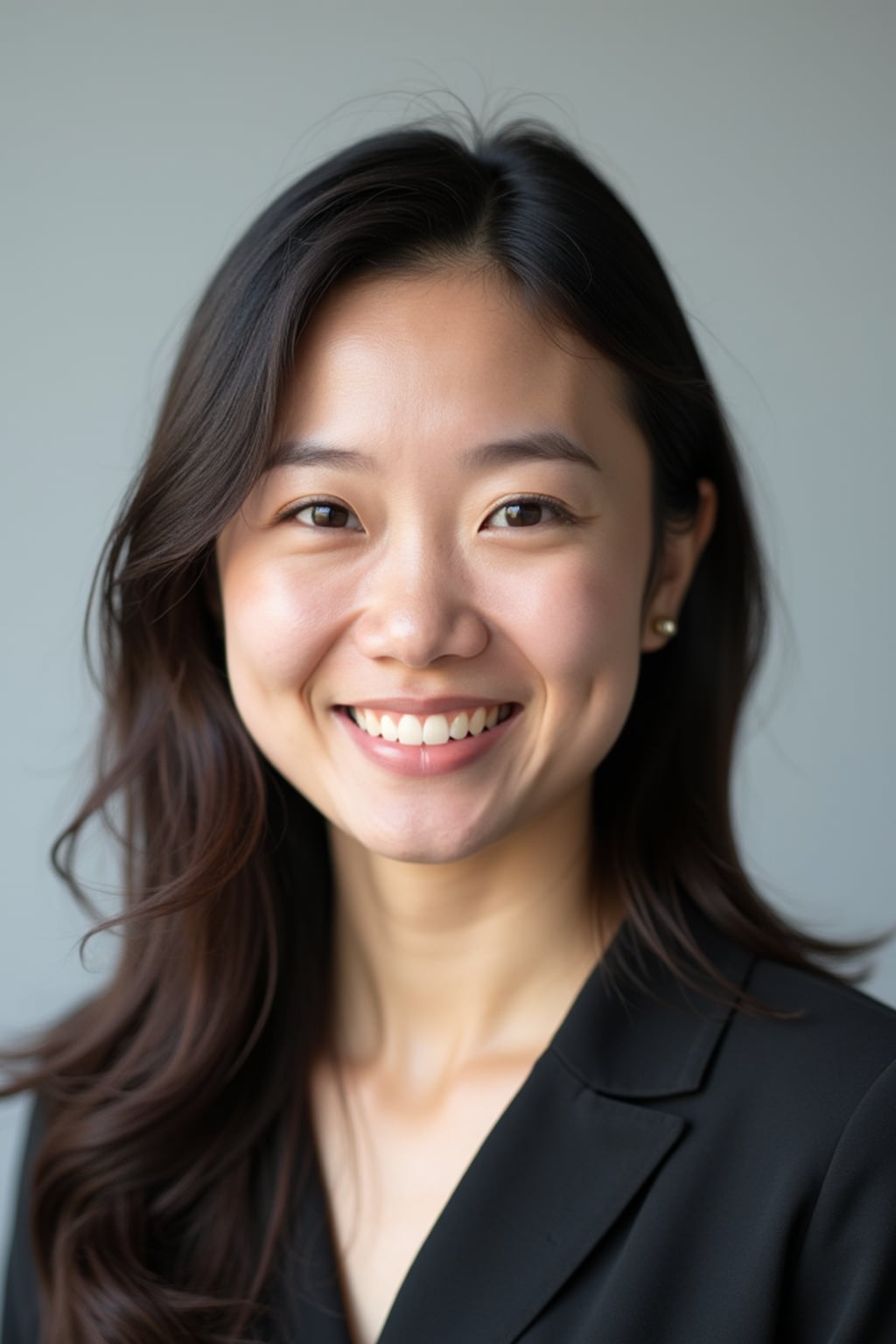 A professional teacher headshot of a friendly woman, taken in a well-lit studio with a plain backdrop. The woman is dressed in a smart, professional blouse with natural makeup and a warm smile . The lighting is soft and even, highlighting their facial features with an approachable and kind expression. The focus is sharp, capturing the woman's eyes and genuine smile, creating a perfect headshot for school websites and professional profiles.