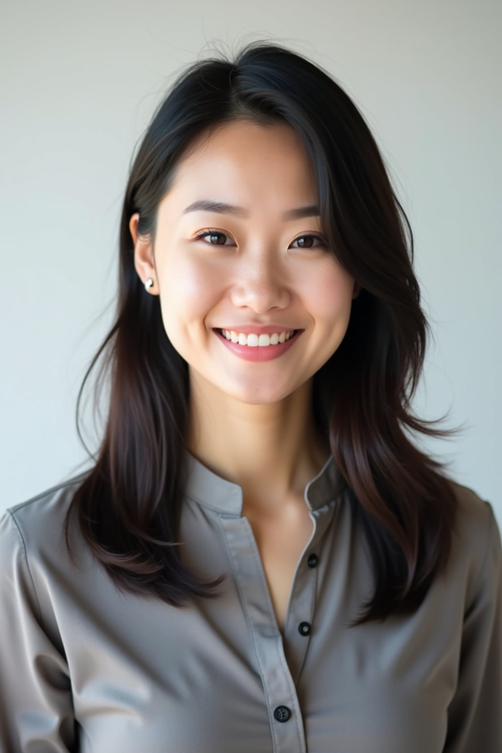 A professional teacher headshot of a friendly woman, taken in a well-lit studio with a plain backdrop. The woman is dressed in a smart, professional blouse with natural makeup and a warm smile . The lighting is soft and even, highlighting their facial features with an approachable and kind expression. The focus is sharp, capturing the woman's eyes and genuine smile, creating a perfect headshot for school websites and professional profiles.