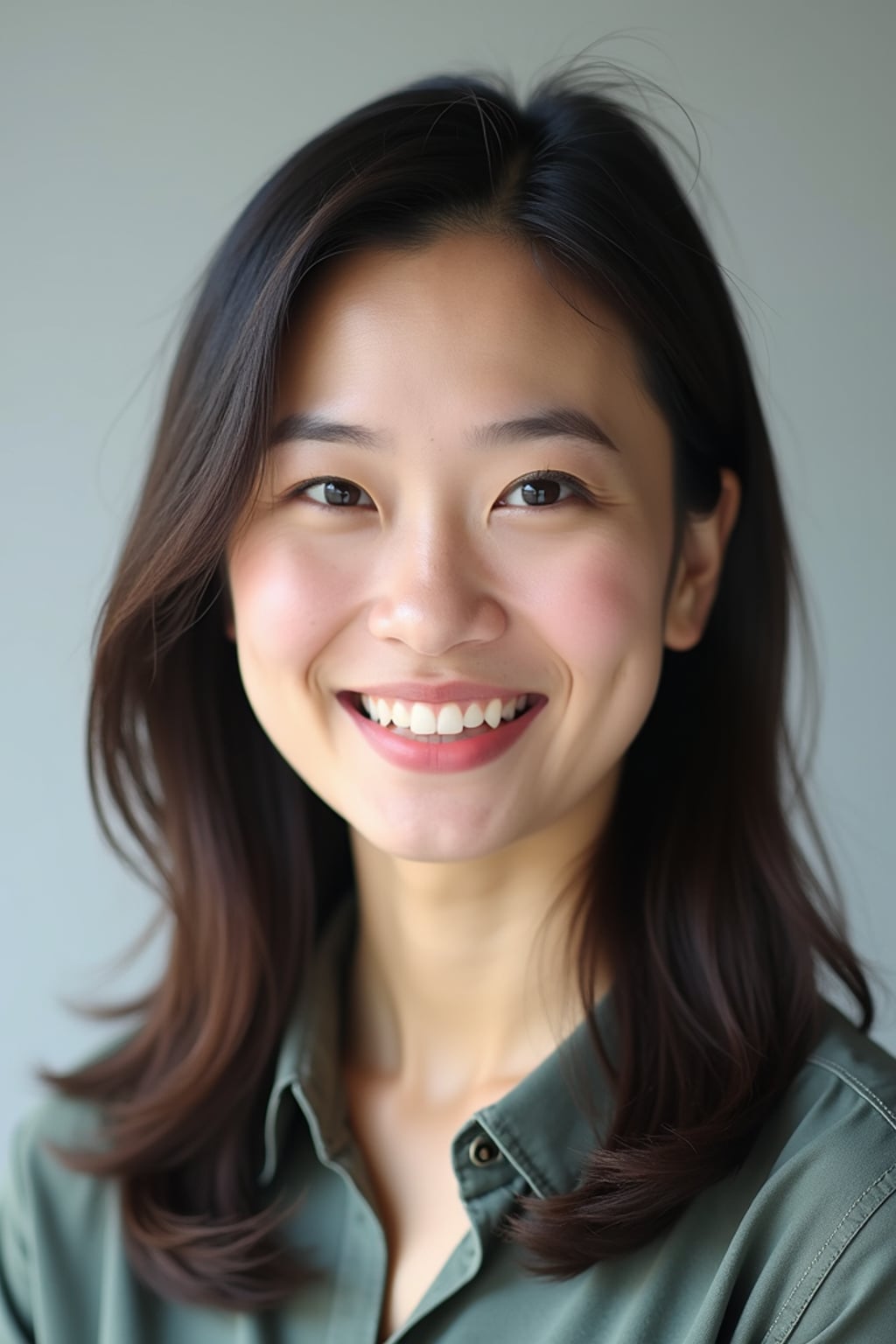 A professional teacher headshot of a friendly woman, taken in a well-lit studio with a plain backdrop. The woman is dressed in a smart, professional blouse with natural makeup and a warm smile . The lighting is soft and even, highlighting their facial features with an approachable and kind expression. The focus is sharp, capturing the woman's eyes and genuine smile, creating a perfect headshot for school websites and professional profiles.