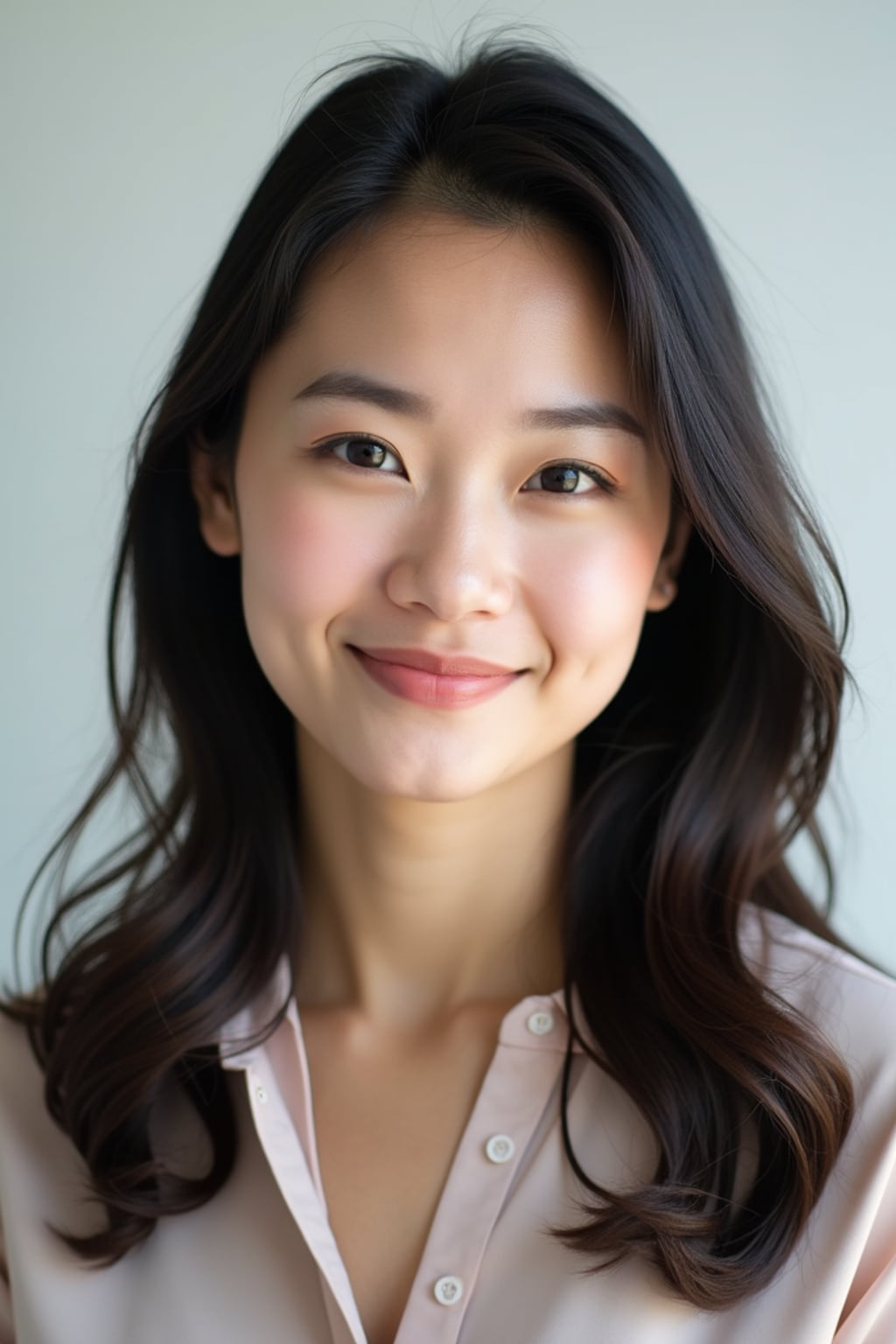 A professional teacher headshot of a friendly woman, taken in a well-lit studio with a plain backdrop. The woman is dressed in a smart, professional blouse with natural makeup and a warm smile . The lighting is soft and even, highlighting their facial features with an approachable and kind expression. The focus is sharp, capturing the woman's eyes and genuine smile, creating a perfect headshot for school websites and professional profiles.